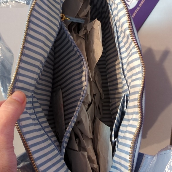 Joy Mangano Double Decker Tote w/Wristlet Set French Blue Pebble Leather New - Picture 4 of 11